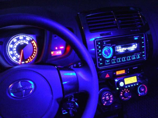 Blue LED Interior lighting, with Ham Radio head unit mounted below clock.